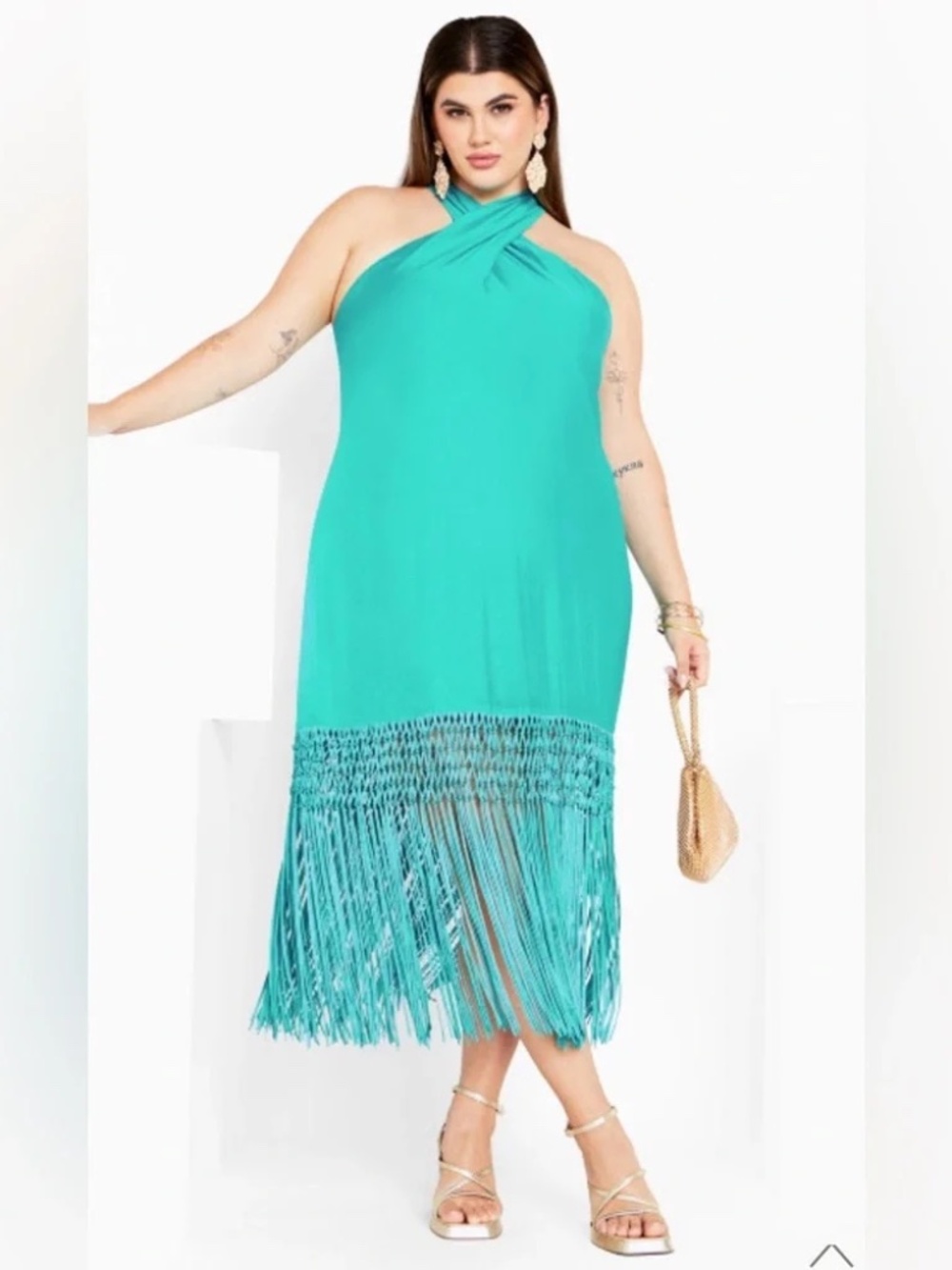 NWT City Chic Calypso Lagoon Teal Fringe Halter Midi Dress 16 Resort